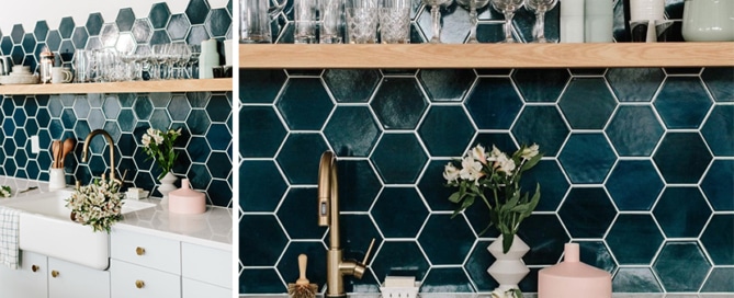 deep green hexagon tile backsplash